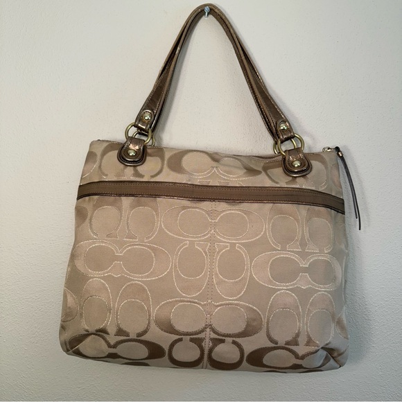 Coach Glam Tote Khaki Metallic Gold Signature C Fabric Bronze Leather Trim - Picture 2 of 16